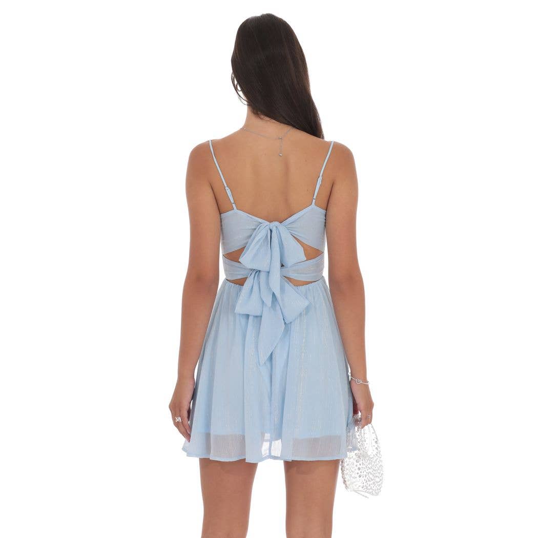 Shimmer Front Twist A-line Dress in Light Blue Miss Behavin' Shimmer Front Twist A-line Dress in Light Blue Miss Behavin'