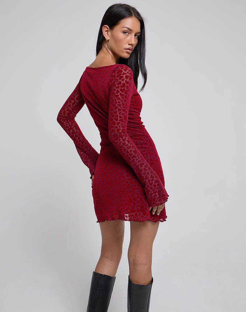 Sevila Long Sleeve Mini Dress in Heart Flock - Maroon  Miss Behavin'