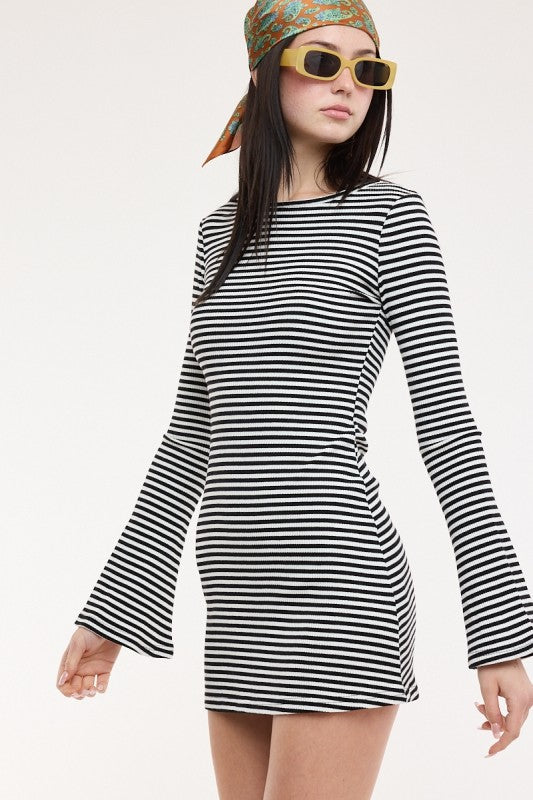 Miss Behavin' Lennon Dress in stripe close up on boat neck and flare cuff detail
