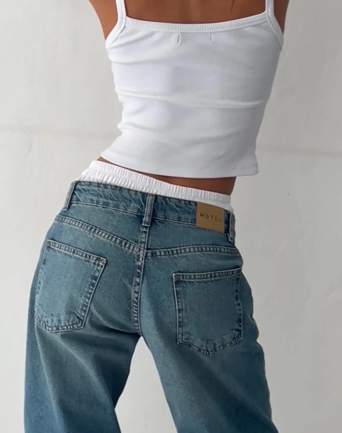 Motel Rocks Roomy Extra Wide Low Rise Jeans in vintage blue green showing back pockets and waistband