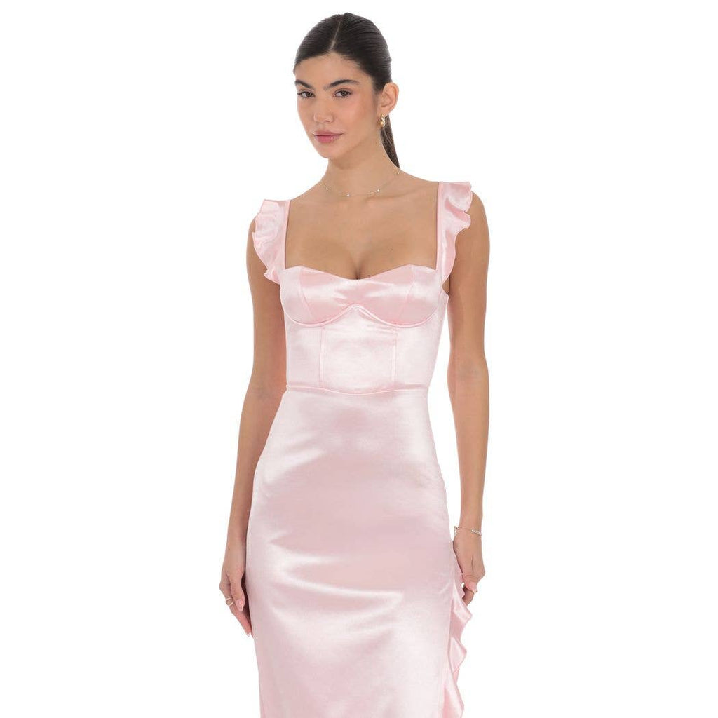 Satin Ruffle Maxi Dress in Pink