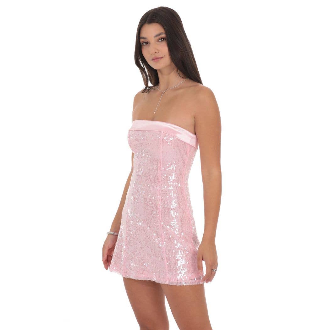 Satin Trim Sequin Dress in Pink