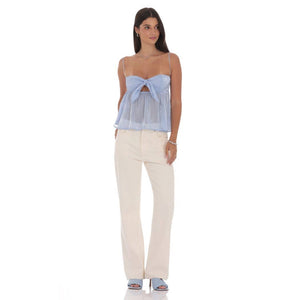 Sheen Front Tie Babydoll Top in Light Blue