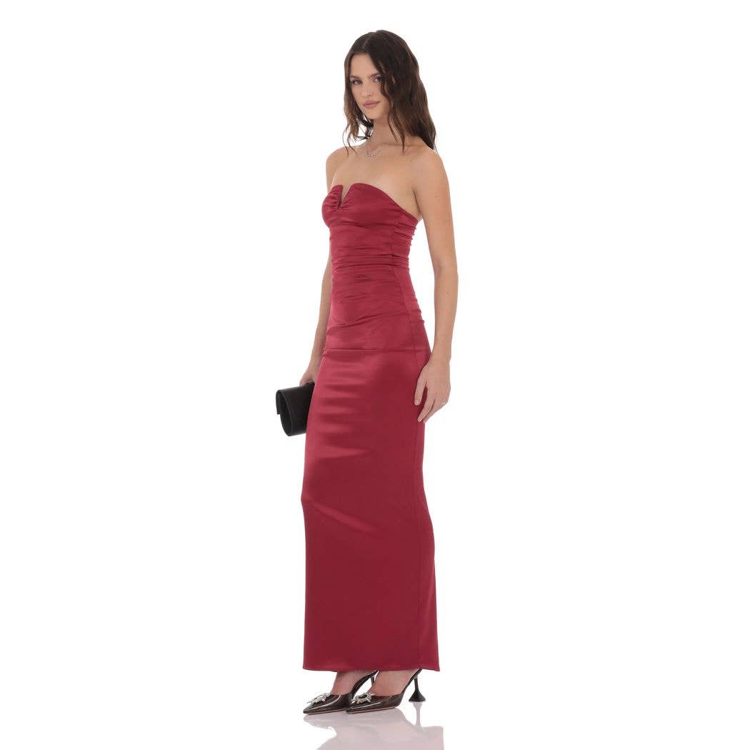 Satin V-Strapless Maxi Dress in Maroon: