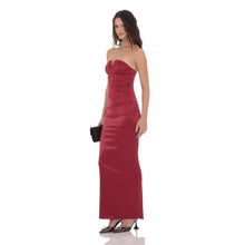 Load image into Gallery viewer, Satin V-Strapless Maxi Dress in Maroon