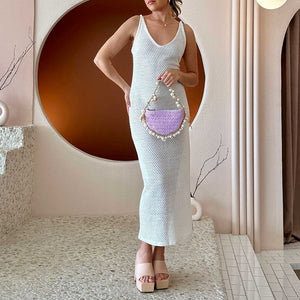 Isla Lavender Small Shells Straw Top Handle