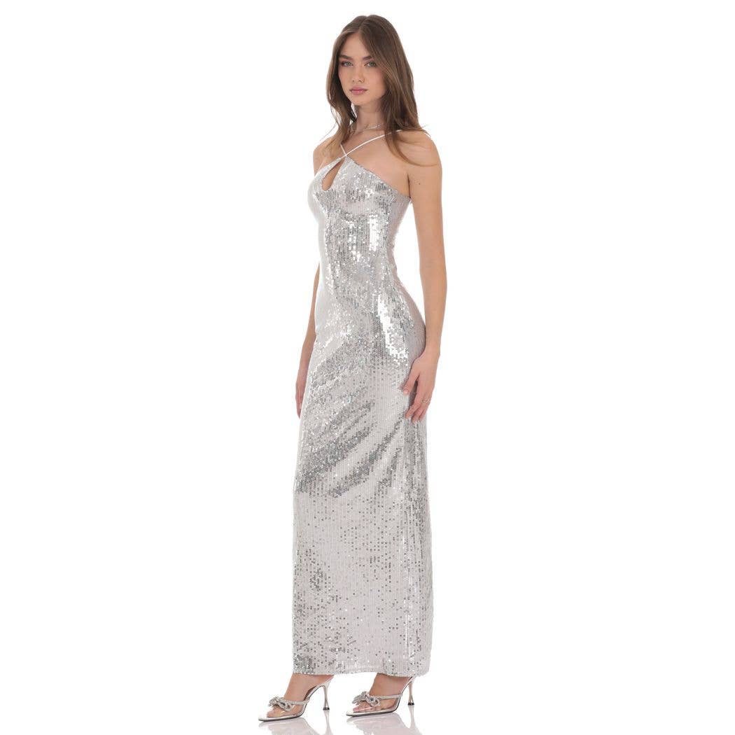 Sequin Keyhole Maxi Dress in Silver