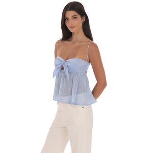 Sheen Front Tie Babydoll Top in Light Blue
