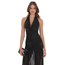 Load image into Gallery viewer, Rhinestone Plunge Cowl Neck Maxi Dress in Black