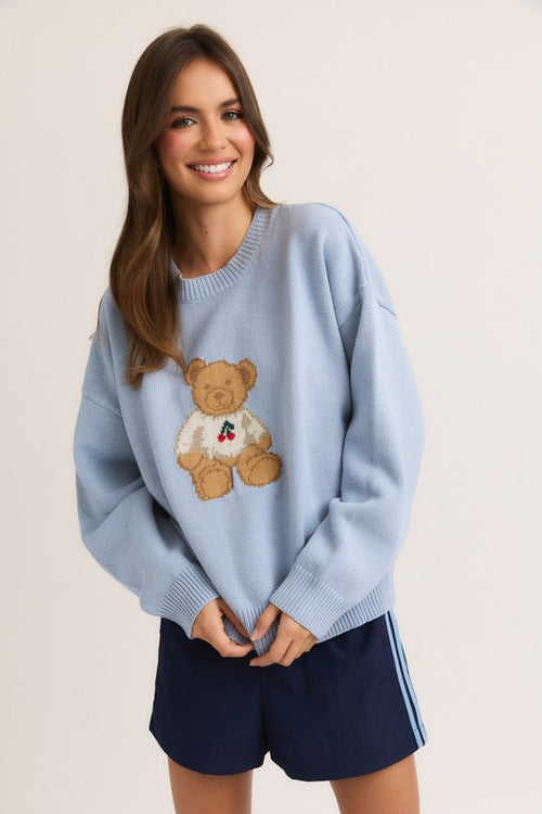 Miss Behavin' Cherry Sweater in light blue with crew neckline and teddy bear graphic