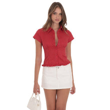 Load image into Gallery viewer, PinStripe Button-Up Ruffle Top in Red