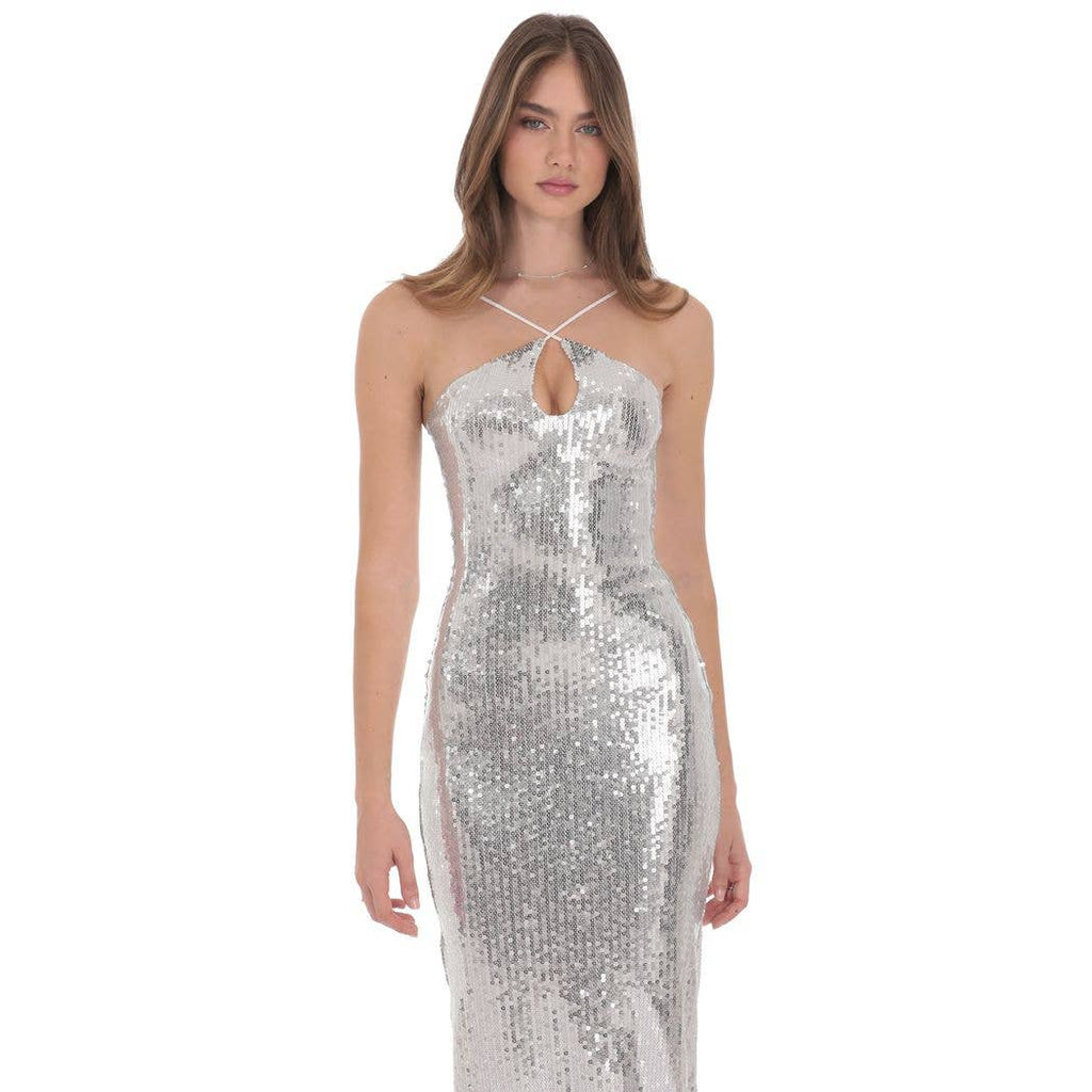 Sequin Keyhole Maxi Dress in Silver