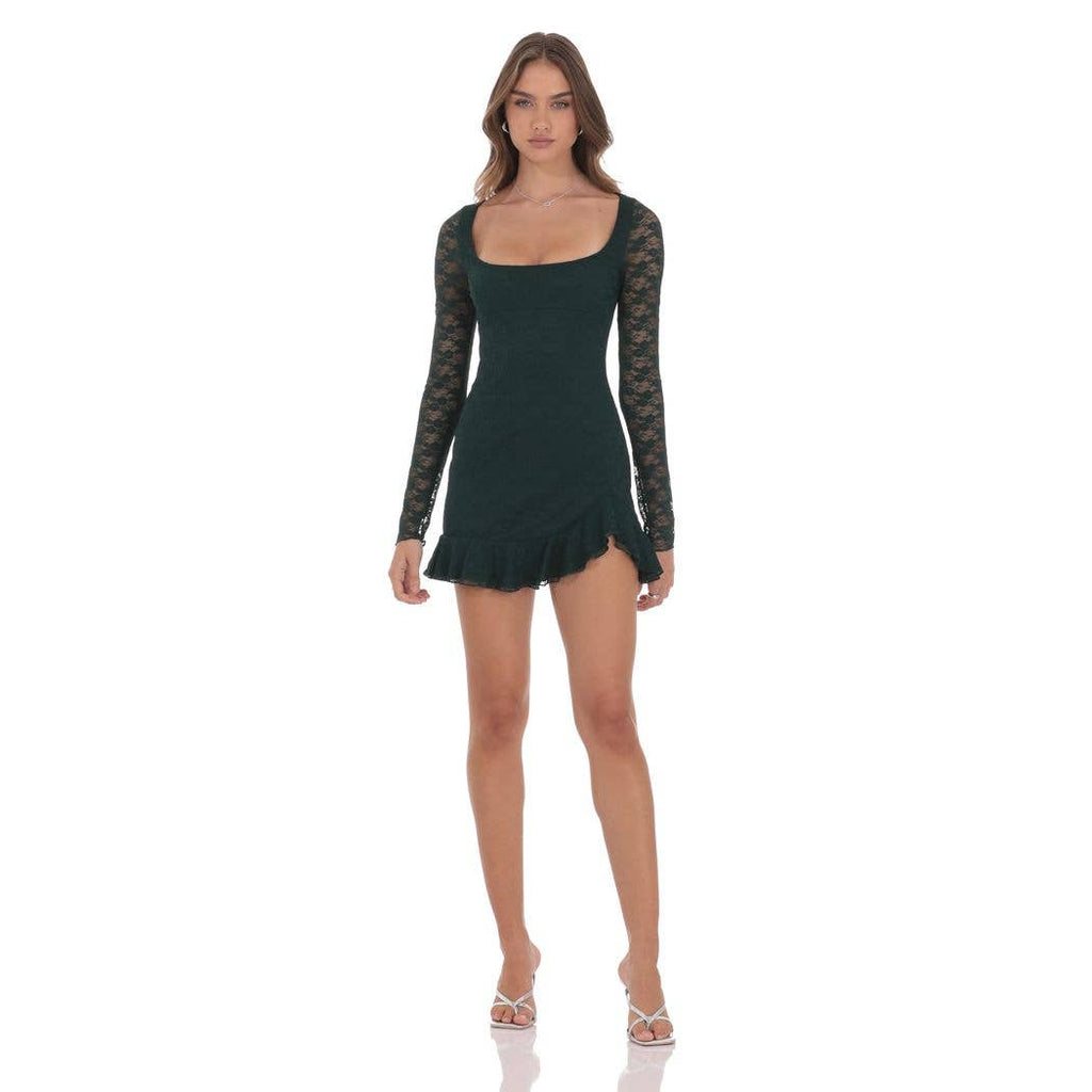 Lace Ruffle Long Sleeve Dress in Green