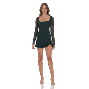 Lace Ruffle Long Sleeve Dress in Green