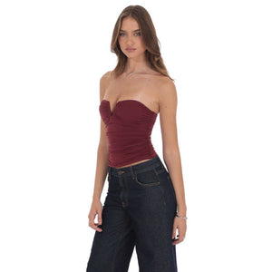 V-Strapless Ruched Top in Maroon