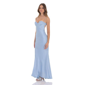 Open Back Satin Maxi Dress in Light Blue