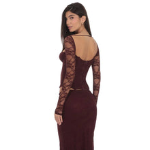 Load image into Gallery viewer, Longe Sleeve Lace Corset Top in Deep Wine