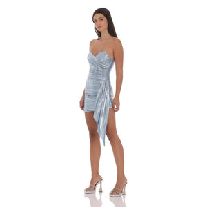 Metallic Corset Tassel Dress in Light Blue