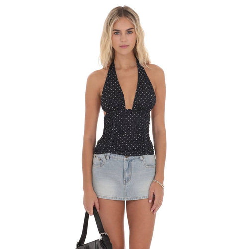 Polka Dot Ruched Halter Top in Black