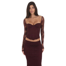 Load image into Gallery viewer, Longe Sleeve Lace Corset Top in Deep Wine