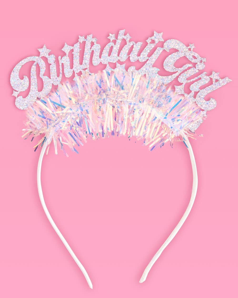 Miss Behavin' That Bday Girl Headband with glitter script and iridescent fringe on white band