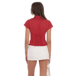 PinStripe Button-Up Ruffle Top in Red