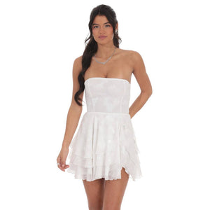 Floral Strapless Asymmetrical Dress in White