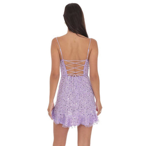 Sequin Beaded Ruffled Slit Dress in Lavender