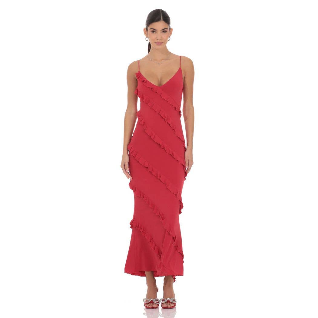 Ruffle V-Neck Maxi Dress in Red