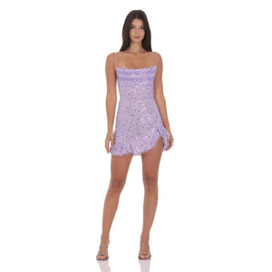 Sequin Beaded Ruffled Slit Dress in Lavender