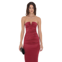 Load image into Gallery viewer, Satin V-Strapless Maxi Dress in Maroon