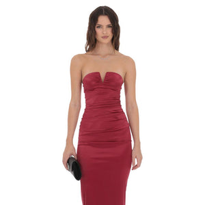 Satin V-Strapless Maxi Dress in Maroon