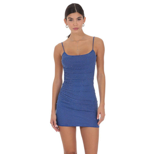 Rhinestone Open Back Bodycon Dress in Blue