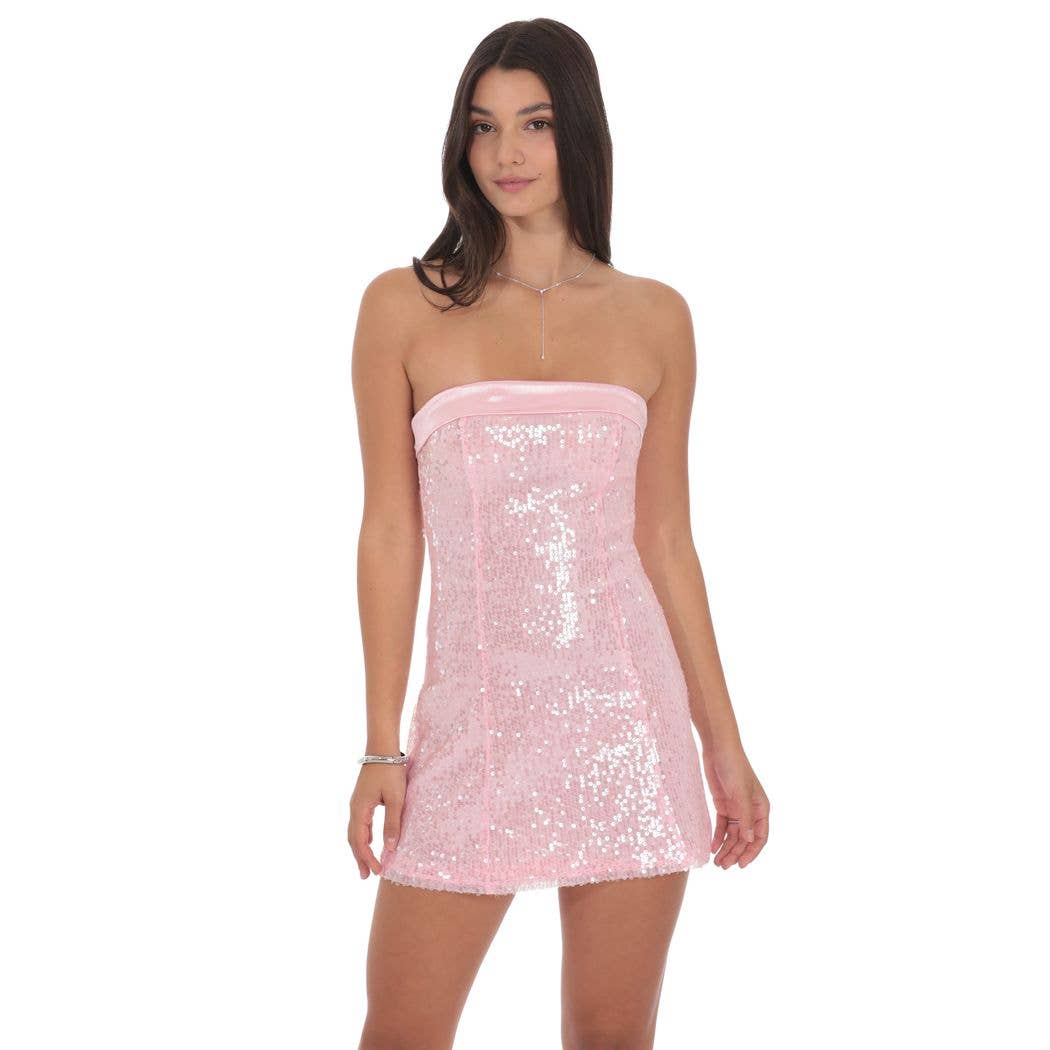 Satin Trim Sequin Dress in Pink