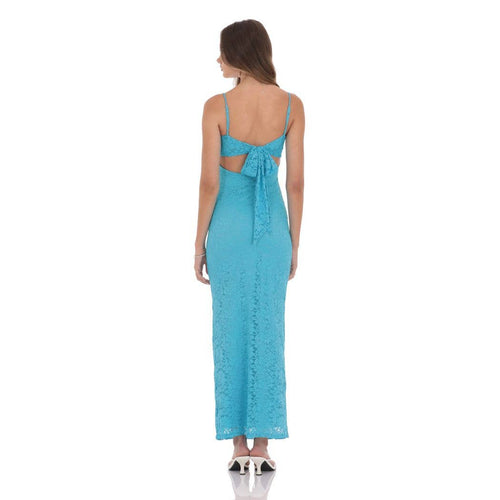Lace Back Bow Maxi Dress in Aqua Blue