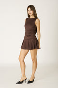 Miss Behavin' Skye Dress in brown with ruched side and flared mini hem