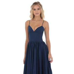Corset V-Neck Midi Dress in Navy
