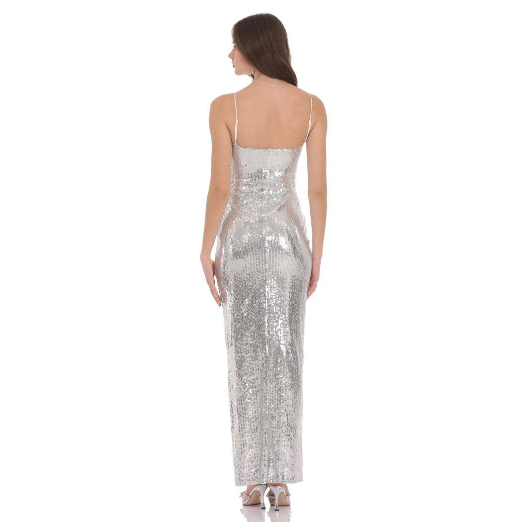 Sequin Keyhole Maxi Dress in Silver