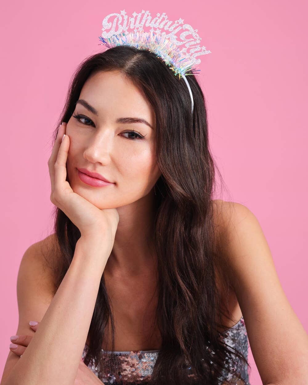 Miss Behavin' That Bday Girl Headband worn on model resting chin on hand