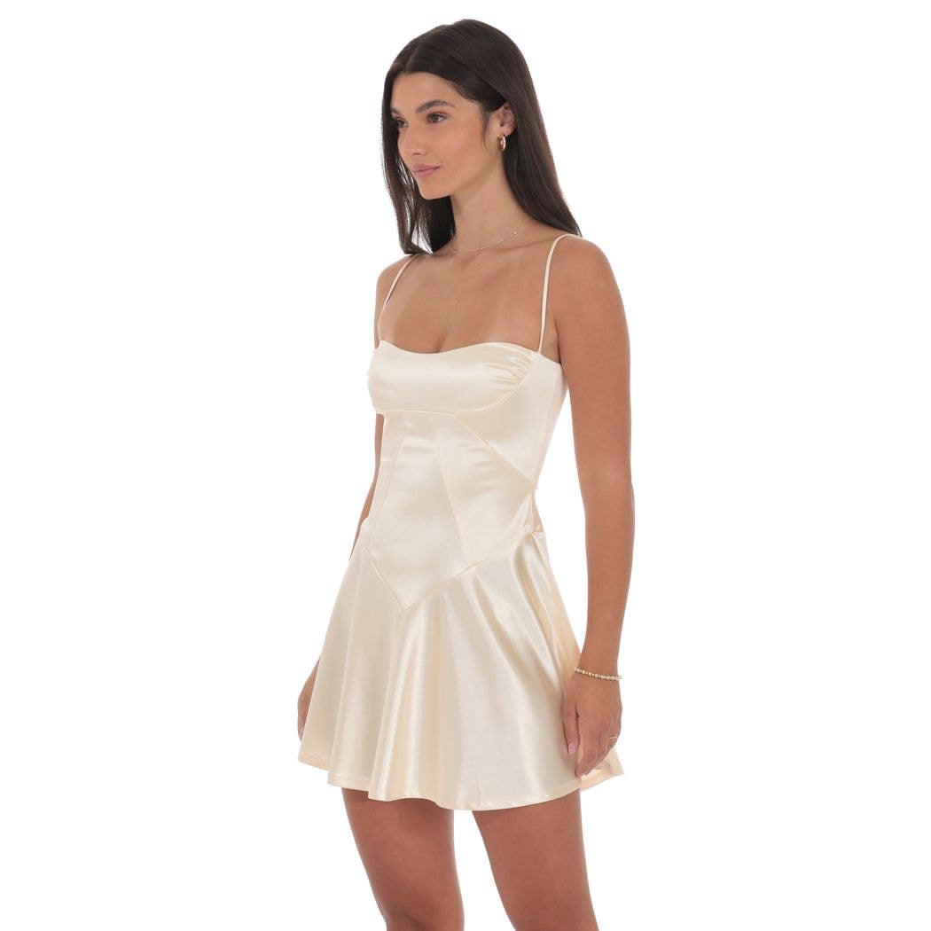 Satin V-Drop Waist Dress in Champagne