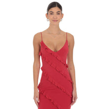 Load image into Gallery viewer, Ruffle V-Neck Maxi Dress in Red