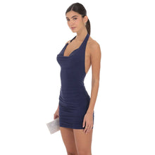 Load image into Gallery viewer, Embellished Cowl Neck Bodycon Dress in Navy