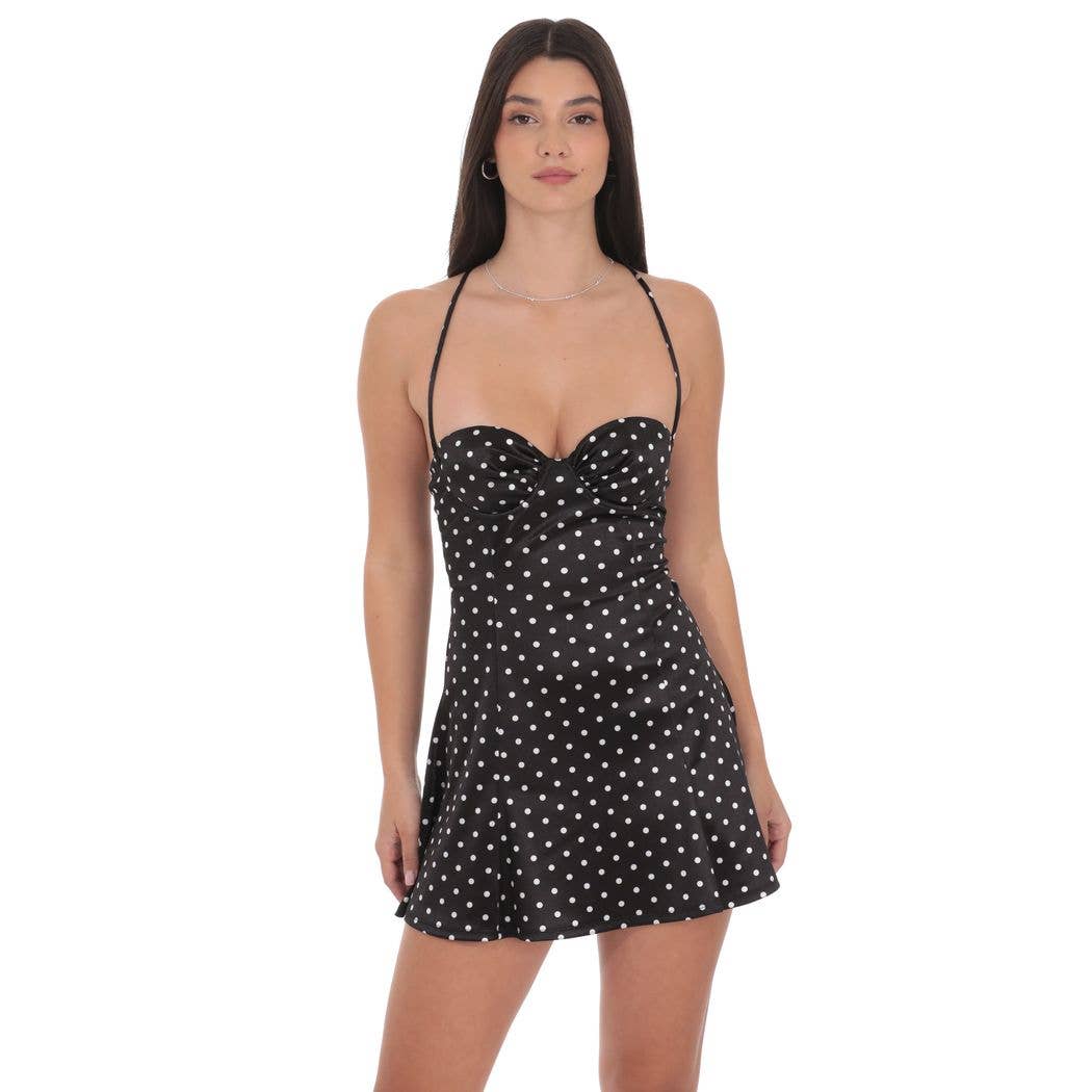 Polka Dot Satin Fit and Flare Dress in Black