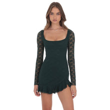 Load image into Gallery viewer, Lace Ruffle Long Sleeve Dress in Green