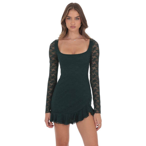 Lace Ruffle Long Sleeve Dress in Green