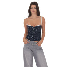 Load image into Gallery viewer, Ruched Polka Dot Mesh Top in Navy