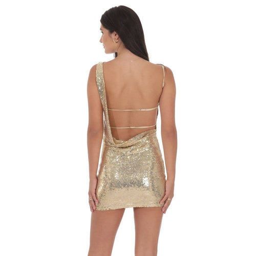 Sequin High Neck Open Back Dress in Gold