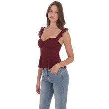 Load image into Gallery viewer, Lace Ruffle Strap Top in Burgundy