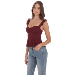 Lace Ruffle Strap Top in Burgundy