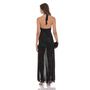Rhinestone Plunge Cowl Neck Maxi Dress in Black